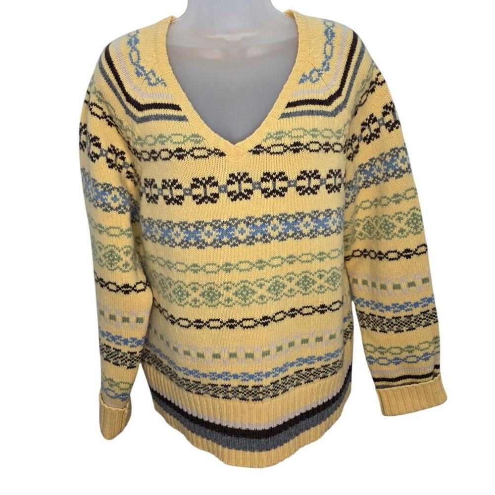 Old Navy 100% Lambswool Fair Isle Knit V Neck Sweater Women's Long Sleeve Yellow